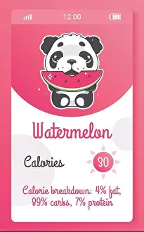 Watermelon Prints: Calorie counter kids mobile app screen with cartoon kawaii character
