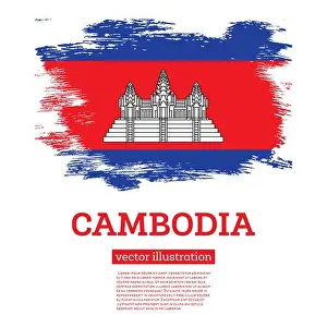 National Day Prints: Cambodia Flag with Brush Strokes. Vector Illustration. Independence Day