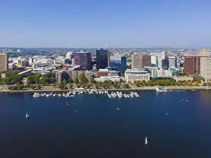 Cambridge modern city skyline including MIT aerial view from Charles River, Cambridge, Massachusetts MA, USA