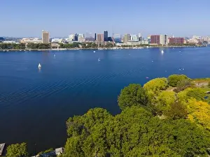 Cambridge modern city skyline including MIT aerial view from Charles River, Cambridge, Massachusetts MA, USA
