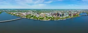 Cambridge Prints: Cambridge modern city skyline panorama including Massachusetts Institute of Technology MIT aerial view from Charles