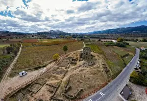 Tower View Prints: Camper Van on Centum Cellas mysterious ancient tower drone aerial view in Belmonte