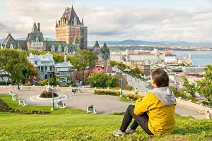 Canada travel Quebec city tourist enjoying view of Chateau Frontenac castle and St