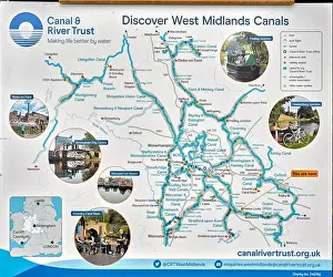 Canals Prints: Canal map UK chart and waterway navigation routes for West Midlands canals at Hatton Locks Warwickshire England