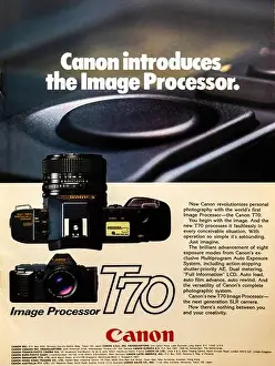 Canon T70 image processor, camera advertisement placed in a NatGeo magazine, August 1984