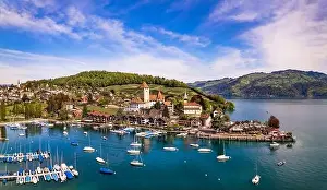 Bern Prints: Canton Bern in Switzerland. aerial drone panorama of lake Thun and the Spiez village with medieval castle and old town