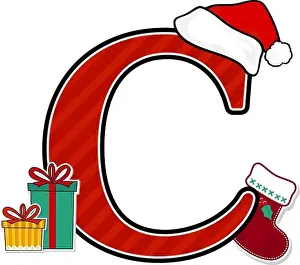 Sock Prints: capital letter c with red santa's hat and christmas design elements isolated on white background