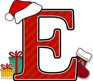 capital letter e with red santa's hat and christmas design elements isolated on white background