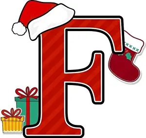 Sock Prints: capital letter f with red santa's hat and christmas design elements isolated on white background