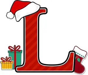 Sock Prints: capital letter l with red santa's hat and christmas design elements isolated on white background