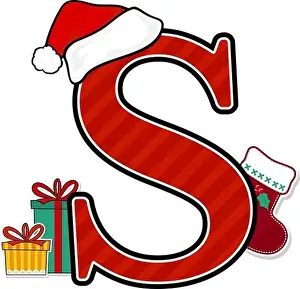 capital letters with red santa's hat and christmas design elements isolated on white background