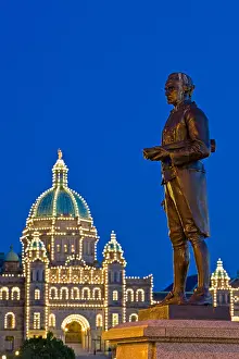 Vancouver Island Prints: Captain James Cook Statue against the BC parliament buildings