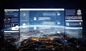 Assistant Prints: A captivating digital interface showcasing an AI chatbot with global connectivity over Earth at night