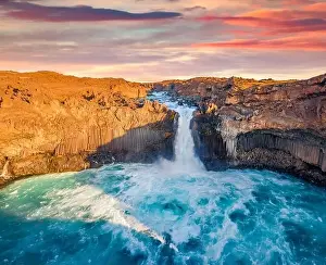 Captivating spring view from flying drone of Aldeyjarfoss waterfall