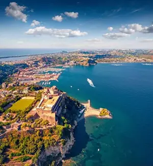 Lagoon Bay Prints: Captivating summer view from flying drone of Aragonese Castle of Baia