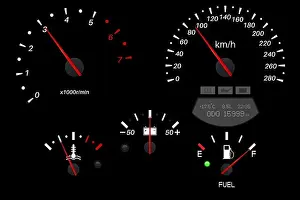 Gauge Prints: Car dashboard black scales. Fuel gauge, speedometer, tachometer, temperature indicator