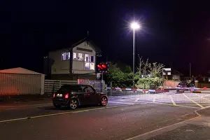 Rails Prints: A car waiting at Carleton level crossing and signal box (Between Poulton Le Fylde & Layton)