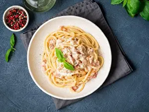 Noodles Prints: Carbonara pasta. Spaghetti with pancetta