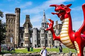Turret Prints: Cardiff Castle and Welsh Dragon sculpture, Cardiff, Wales
