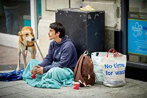 Homeless Prints: Cardiff Wales, young man begging with his dog