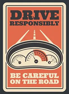 Gauge Prints: Be careful on road retro poster for drive safety and responsibly