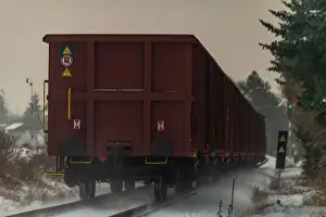 Turntable Prints: Cargo train with motor engine in winter snowy morning near cold village Lenesice CZ 12 09 2023