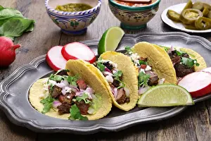 Steak Prints: Carne asada tacos with salsa verde and roja, Mexican food