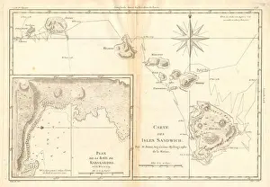 Isles Prints: Carte des Isles Sandwich. Hawaiian Islands & Kealakekua Bay. BONNE 1788 map