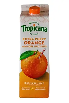 carton of Tropicana extra pulpy Orange with more juicy bits isolated on white background - orange juice drink