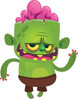 Zombie Prints: Cartoon angry cute zombie character design. Halloween vector illustration of happy monster