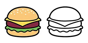 Hamburger Prints: Cartoon cheeseburger, color drawing and black and white line icon