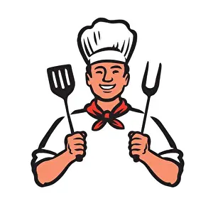 Grilling Prints: Cartoon Chef cook grilling steak, cooking fresh food. Barbecue vector illustration