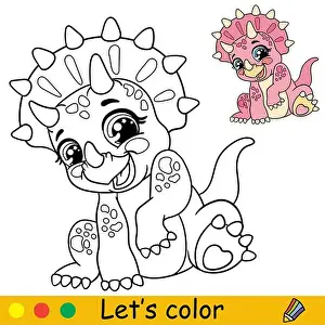 Triceratops Prints: Cartoon cute baby dinosaur pink sitting Triceratops