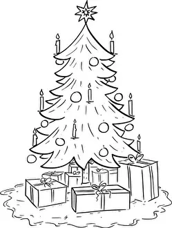 Celebratory Prints: Cartoon drawing illustration of Christmas spruce or fir tree with gifts or presents around