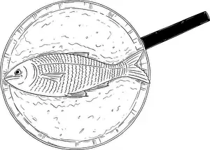Conceptual Metaphor Prints: Cartoon Drawing of Top View of Fish Cooked on Frying Pan