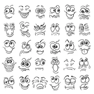 Feel Prints: Cartoon face Emotion set. Various facial expressions in doodle style isolated on white