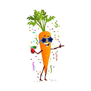 Comical Prints: Cartoon funny carrot vegetable character on birthday