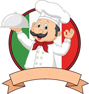 Waiter Prints: Cartoon funny Italian Chef cartoon holding platter with ok sign