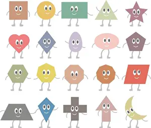 Kite Prints: Cartoon geometric shapes collection for kids to learn basic math education with smiley face character illustration for