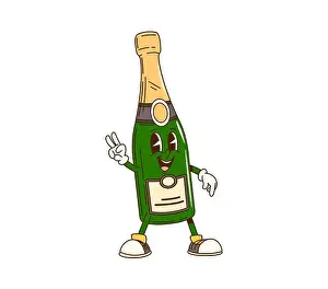 Hippie Prints: Cartoon groovy champagne bottle character flashing a peace sign