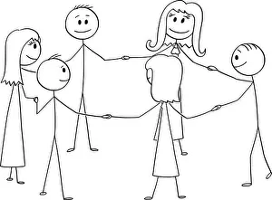 Stickman Prints: Cartoon of Group of Six People Standing in Circle