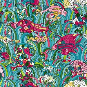 Cockleshell Prints: Cartoon hand-drawn doodles on the subject of under water life theme seamless pattern