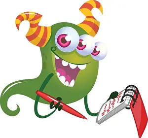 Goofy Prints: Cartoon happy monster writing with a pen in totepad