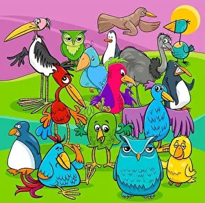 Comics Prints: Cartoon Illustration of Birds Animal Characters Group