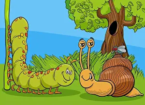 Mollusk Prints: Cartoon illustration of caterpillar and snail with fly animal characters