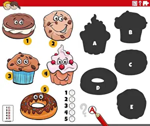 Cupcake Prints: Cartoon illustration of finding the right shadows to the pictures educational game with sweet food characters