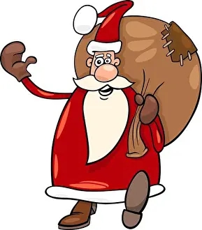 Sack Prints: Cartoon Illustration of Funny Santa Claus or Papa Noel or Father Christmas with Sack full of Presents
