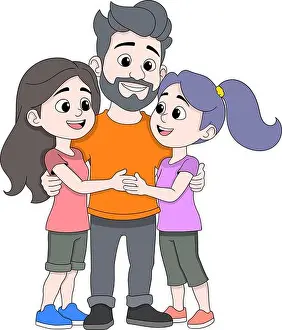Fatherhood Prints: Cartoon illustration of a happy father hugging his two daughters