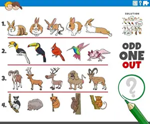 Cartoon illustration of odd one out picture in a row educational task for children with comic animal characters