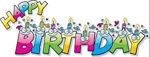 Happy Birthday Prints: A cartoon illustration of the text happy birthday with birthday candles and confetti